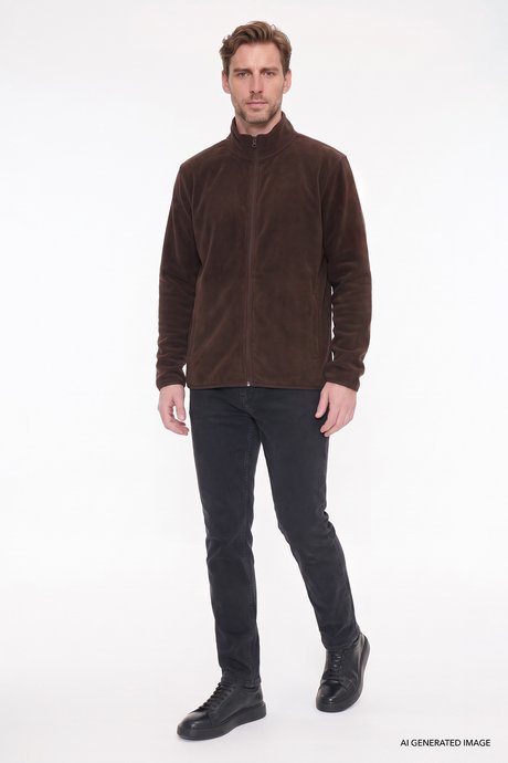 Anti-Pilling Tüylenme Yapmayan Standart Fit Bato Yaka Sweatshirt Ceket Kahverengi Polar resmi