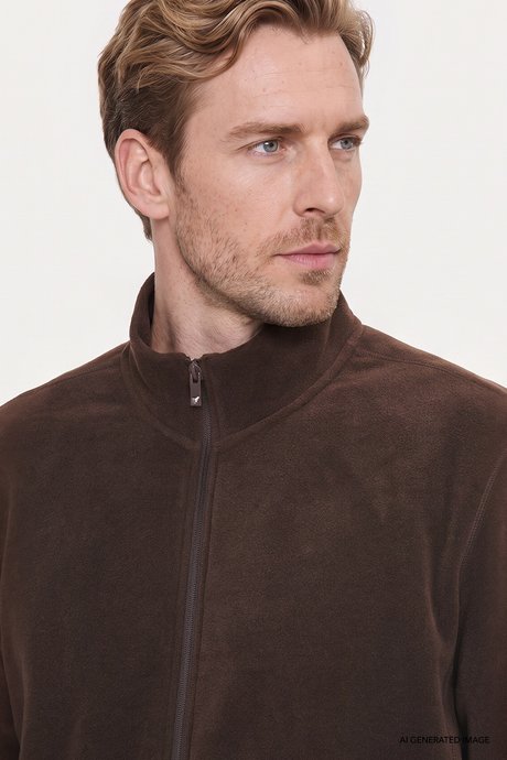 Anti-Pilling Tüylenme Yapmayan Standart Fit Bato Yaka Sweatshirt Ceket Kahverengi Polar resmi
