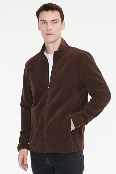 Anti-Pilling Tüylenme Yapmayan Standart Fit Bato Yaka Sweatshirt Ceket Kahverengi Polar resmi