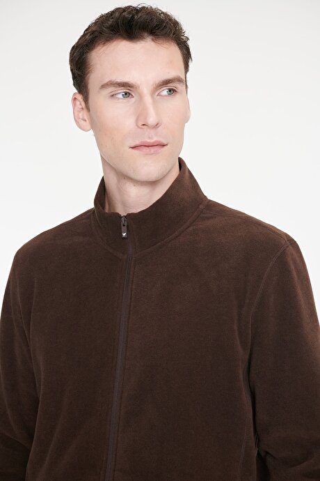 Anti-Pilling Tüylenme Yapmayan Standart Fit Bato Yaka Sweatshirt Ceket Kahverengi Polar resmi
