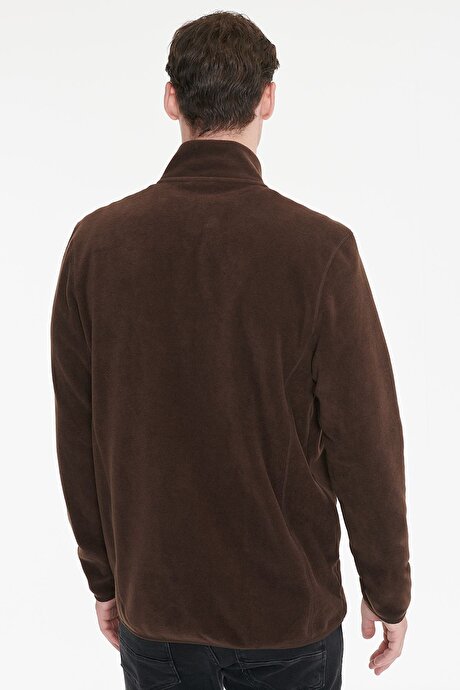 Anti-Pilling Tüylenme Yapmayan Standart Fit Bato Yaka Sweatshirt Ceket Kahverengi Polar resmi