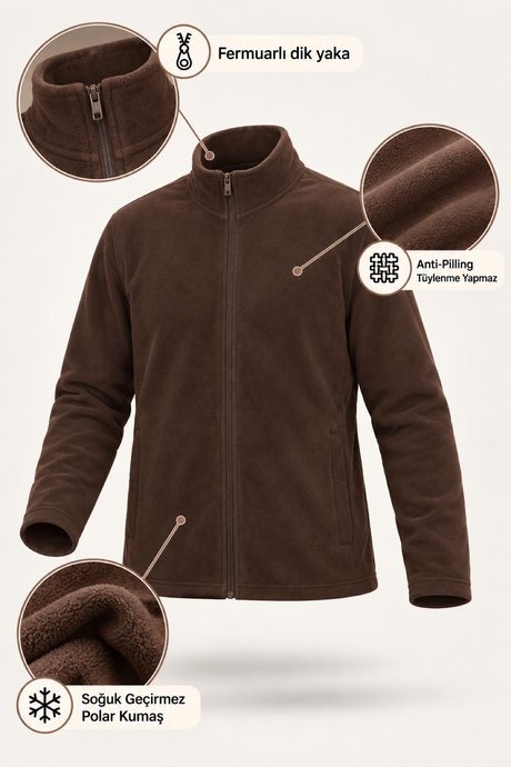 Anti-Pilling Tüylenme Yapmayan Standart Fit Bato Yaka Sweatshirt Ceket Kahverengi Polar resmi