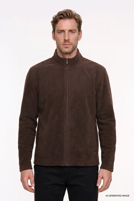 Anti-Pilling Tüylenme Yapmayan Standart Fit Bato Yaka Sweatshirt Ceket Kahverengi Polar resmi