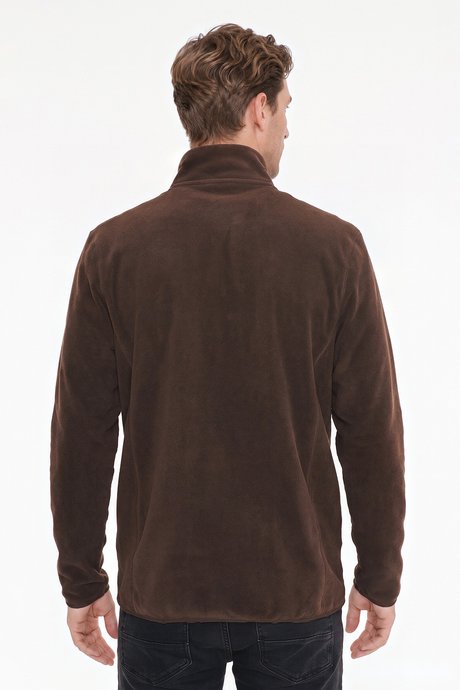Anti-Pilling Tüylenme Yapmayan Standart Fit Bato Yaka Sweatshirt Ceket Kahverengi Polar resmi