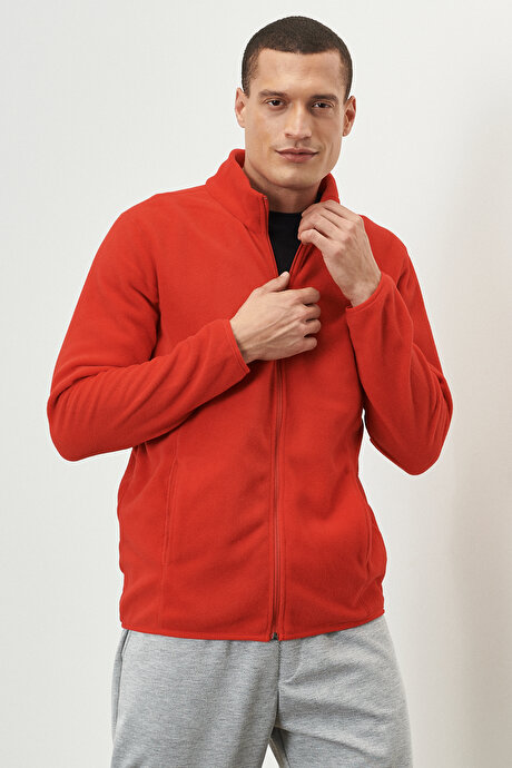 Anti-Pilling Tüylenme Yapmayan Standart Fit Bato Yaka Sweatshirt Ceket Kırmızı Polar resmi