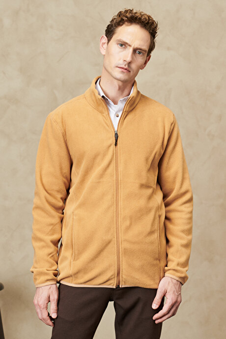 Anti-Pilling Tüylenme Yapmayan Standart Fit Bato Yaka Sweatshirt Ceket Karamel Polar resmi