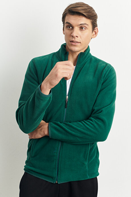 Anti-Pilling Tüylenme Yapmayan Standart Fit Bato Yaka Sweatshirt Ceket Yeşil Polar resmi