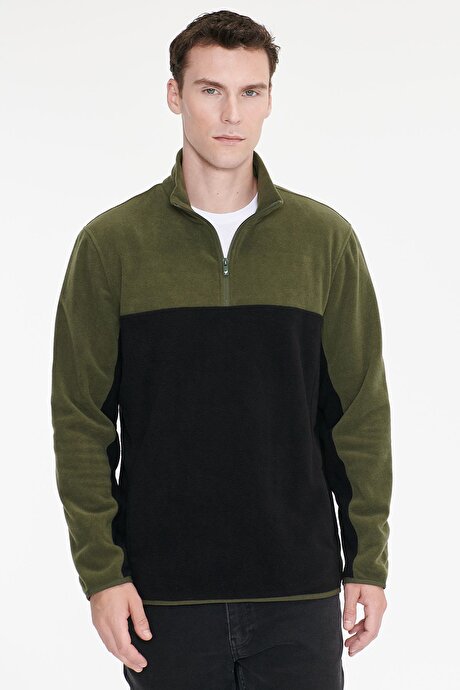 Anti-Pilling Tüylenme Yapmayan Standart Fit Bato Yaka İçi Polarlı Çift Renk Sweatshirt Haki-Siyah Polar resmi