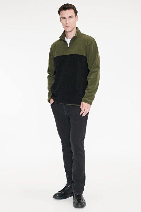 Anti-Pilling Tüylenme Yapmayan Standart Fit Bato Yaka İçi Polarlı Çift Renk Sweatshirt Haki-Siyah Polar resmi