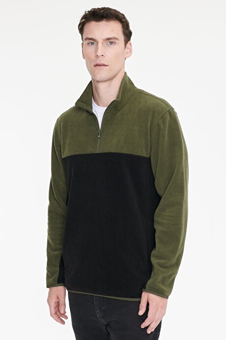Anti-Pilling Tüylenme Yapmayan Standart Fit Bato Yaka İçi Polarlı Çift Renk Sweatshirt Haki-Siyah Polar resmi