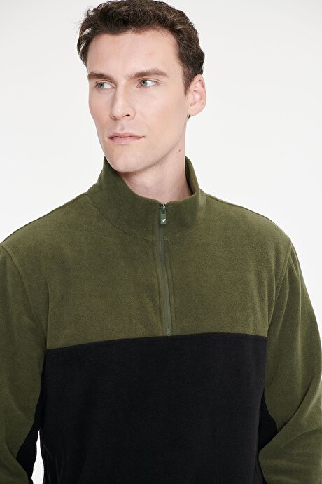 Anti-Pilling Tüylenme Yapmayan Standart Fit Bato Yaka İçi Polarlı Çift Renk Sweatshirt Haki-Siyah Polar resmi