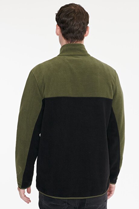 Anti-Pilling Tüylenme Yapmayan Standart Fit Bato Yaka İçi Polarlı Çift Renk Sweatshirt Haki-Siyah Polar resmi