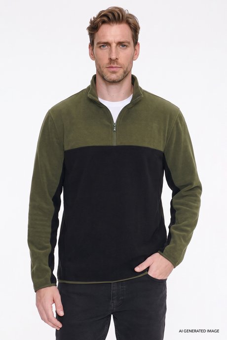Anti-Pilling Tüylenme Yapmayan Standart Fit Bato Yaka İçi Polarlı Çift Renk Sweatshirt Haki-Siyah Polar resmi