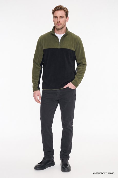 Anti-Pilling Tüylenme Yapmayan Standart Fit Bato Yaka İçi Polarlı Çift Renk Sweatshirt Haki-Siyah Polar resmi