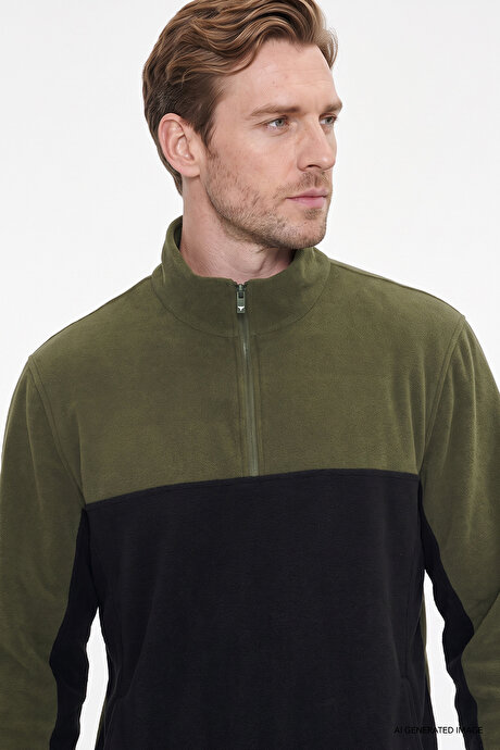 Anti-Pilling Tüylenme Yapmayan Standart Fit Bato Yaka İçi Polarlı Çift Renk Sweatshirt Haki-Siyah Polar resmi
