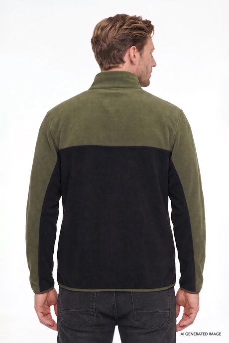 Anti-Pilling Tüylenme Yapmayan Standart Fit Bato Yaka İçi Polarlı Çift Renk Sweatshirt Haki-Siyah Polar resmi