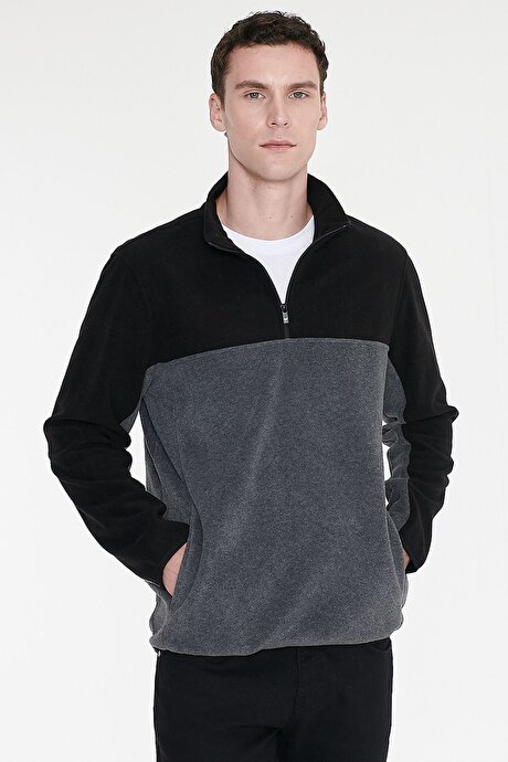 Anti-Pilling Tüylenme Yapmayan Standart Fit Bato Yaka İçi Polarlı Çift Renk Sweatshirt Siyah-Antrasit Polar resmi