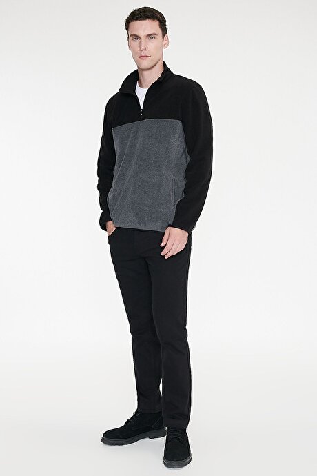 Anti-Pilling Tüylenme Yapmayan Standart Fit Bato Yaka İçi Polarlı Çift Renk Sweatshirt Siyah-Antrasit Polar resmi