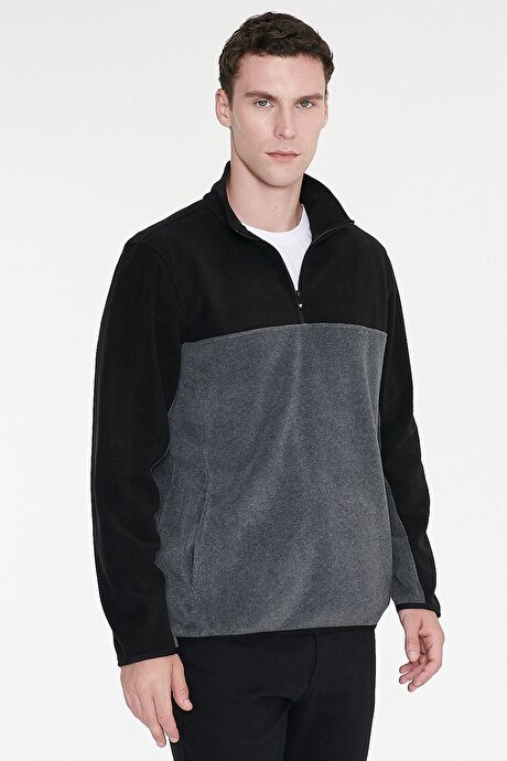 Anti-Pilling Tüylenme Yapmayan Standart Fit Bato Yaka İçi Polarlı Çift Renk Sweatshirt Siyah-Antrasit Polar resmi