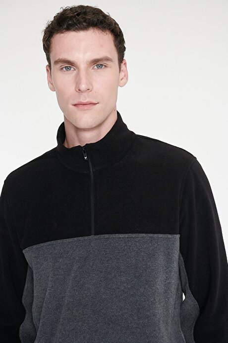 Anti-Pilling Tüylenme Yapmayan Standart Fit Bato Yaka İçi Polarlı Çift Renk Sweatshirt Siyah-Antrasit Polar resmi
