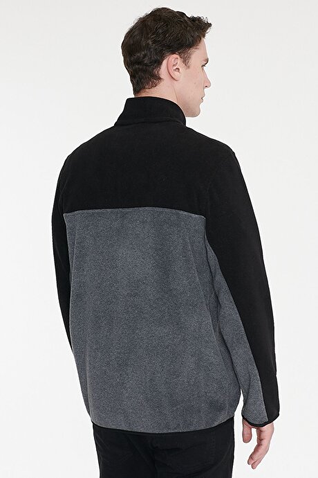 Anti-Pilling Tüylenme Yapmayan Standart Fit Bato Yaka İçi Polarlı Çift Renk Sweatshirt Siyah-Antrasit Polar resmi