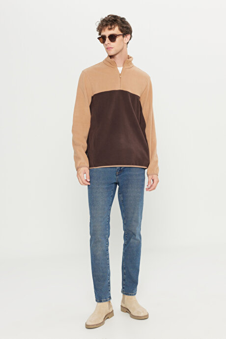 Anti-Pilling Tüylenme Yapmayan Standart Fit Bato Yaka İçi Polarlı Çift Renk Sweatshirt Sütlü Kahve-Kahve Polar resmi