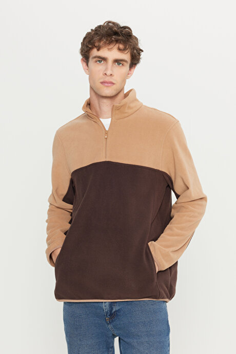 Anti-Pilling Tüylenme Yapmayan Standart Fit Bato Yaka İçi Polarlı Çift Renk Sweatshirt Sütlü Kahve-Kahve Polar resmi