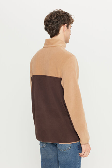 Anti-Pilling Tüylenme Yapmayan Standart Fit Bato Yaka İçi Polarlı Çift Renk Sweatshirt Sütlü Kahve-Kahve Polar resmi