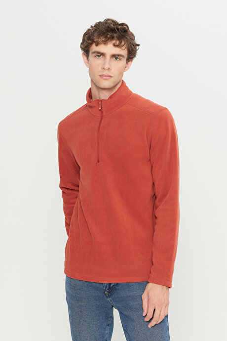 Anti-Pilling Tüylenme Yapmayan Standart Fit Bato Yaka Soğuk Geçirmez Sweatshirt Açık Kahve Polar resmi