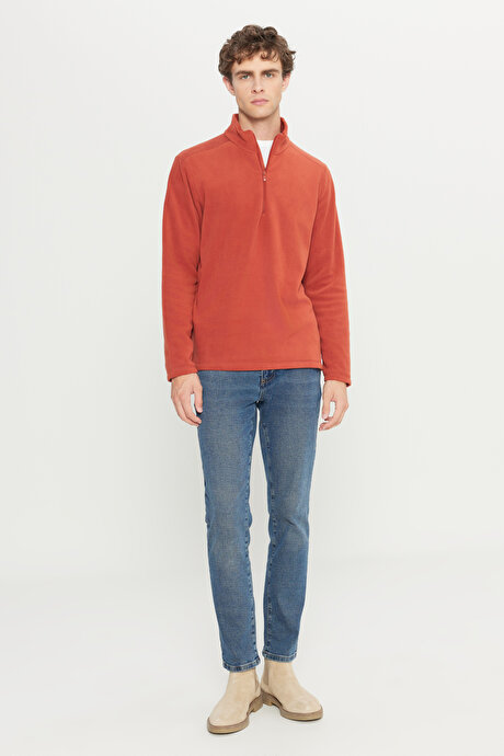 Anti-Pilling Tüylenme Yapmayan Standart Fit Bato Yaka Soğuk Geçirmez Sweatshirt Açık Kahve Polar resmi
