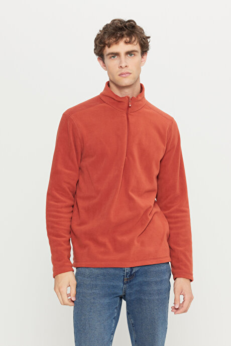 Anti-Pilling Tüylenme Yapmayan Standart Fit Bato Yaka Soğuk Geçirmez Sweatshirt Açık Kahve Polar resmi