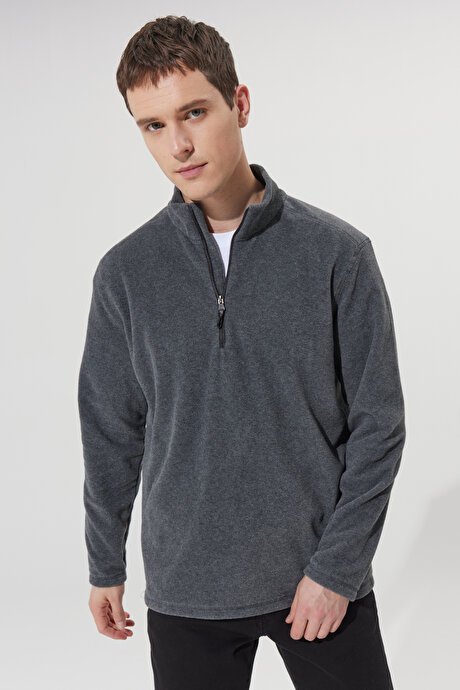 Anti-Pilling Tüylenme Yapmayan Standart Fit Bato Yaka Soğuk Geçirmez Sweatshirt Antrasit-Melanj Polar resmi
