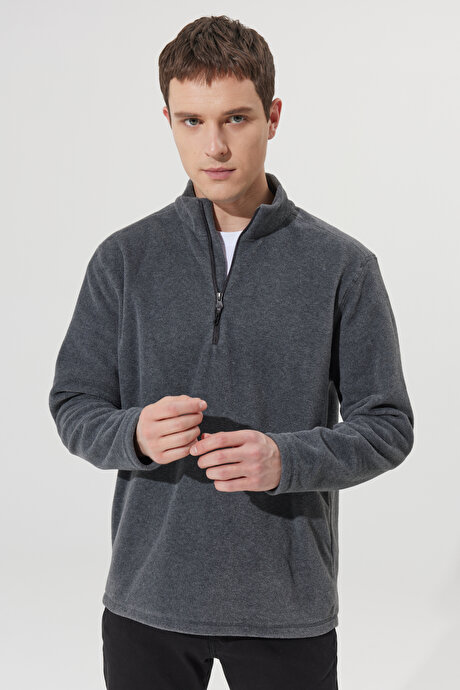 Anti-Pilling Tüylenme Yapmayan Standart Fit Bato Yaka Soğuk Geçirmez Sweatshirt Antrasit-Melanj Polar resmi