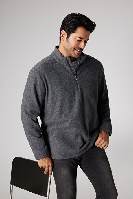 Anti-Pilling Tüylenme Yapmayan Standart Fit Bato Yaka Soğuk Geçirmez Sweatshirt Antrasit-Melanj Polar resmi