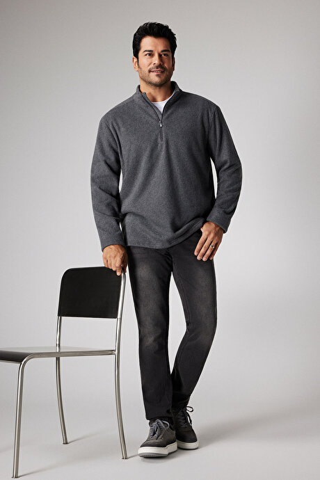 Anti-Pilling Tüylenme Yapmayan Standart Fit Bato Yaka Soğuk Geçirmez Sweatshirt Antrasit-Melanj Polar resmi