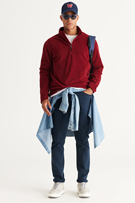 Anti-Pilling Tüylenme Yapmayan Standart Fit Bato Yaka Soğuk Geçirmez Sweatshirt Bordo Polar resmi