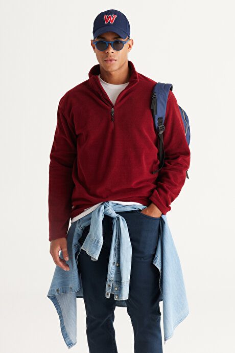 Anti-Pilling Tüylenme Yapmayan Standart Fit Bato Yaka Soğuk Geçirmez Sweatshirt Bordo Polar resmi