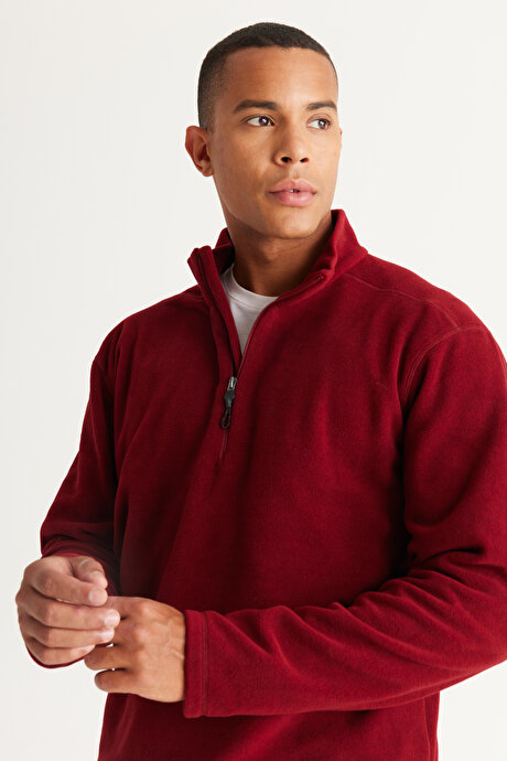 Anti-Pilling Tüylenme Yapmayan Standart Fit Bato Yaka Soğuk Geçirmez Sweatshirt Bordo Polar resmi