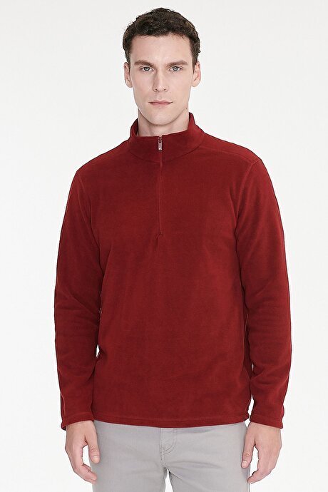 Anti-Pilling Tüylenme Yapmayan Standart Fit Bato Yaka Soğuk Geçirmez Sweatshirt Bordo Polar resmi