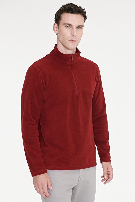 Anti-Pilling Tüylenme Yapmayan Standart Fit Bato Yaka Soğuk Geçirmez Sweatshirt Bordo Polar resmi