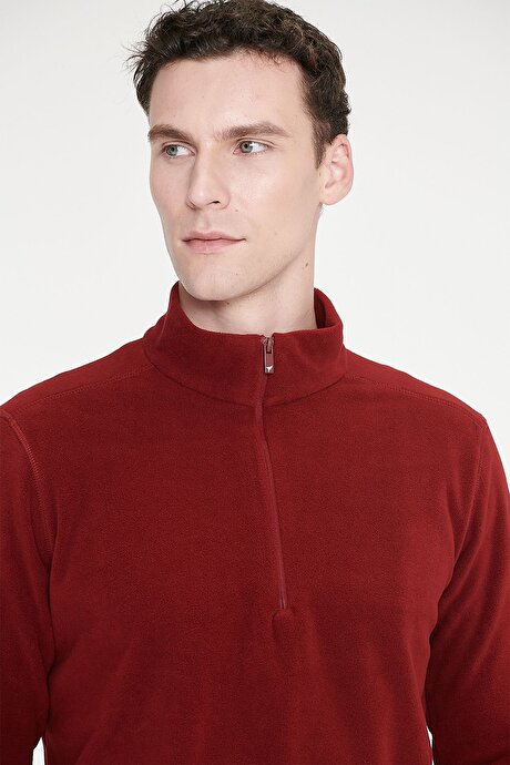 Anti-Pilling Tüylenme Yapmayan Standart Fit Bato Yaka Soğuk Geçirmez Sweatshirt Bordo Polar resmi