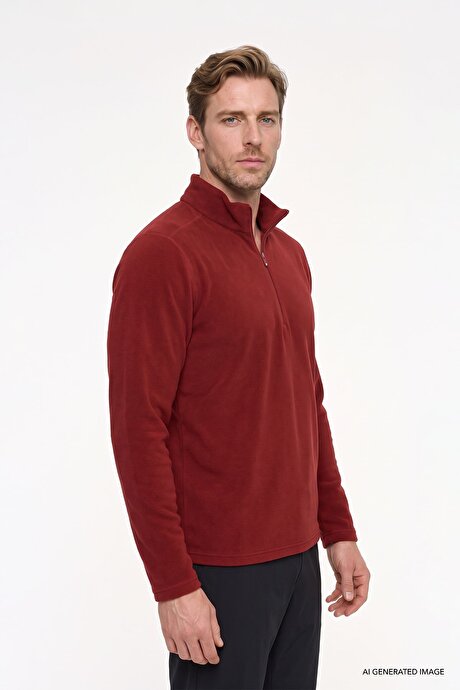 Anti-Pilling Tüylenme Yapmayan Standart Fit Bato Yaka Soğuk Geçirmez Sweatshirt Bordo Polar resmi