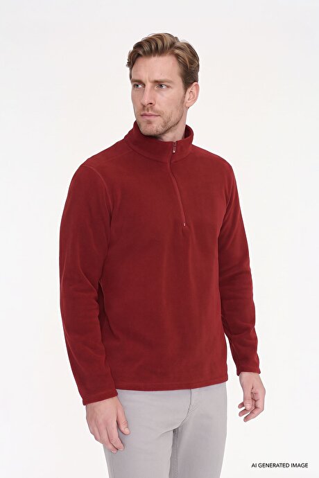 Anti-Pilling Tüylenme Yapmayan Standart Fit Bato Yaka Soğuk Geçirmez Sweatshirt Bordo Polar resmi