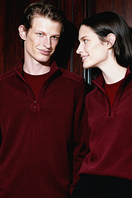 Anti-Pilling Tüylenme Yapmayan Standart Fit Bato Yaka Soğuk Geçirmez Sweatshirt Bordo Polar resmi