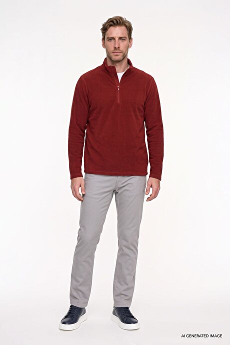 Anti-Pilling Tüylenme Yapmayan Standart Fit Bato Yaka Soğuk Geçirmez Sweatshirt Bordo Polar resmi