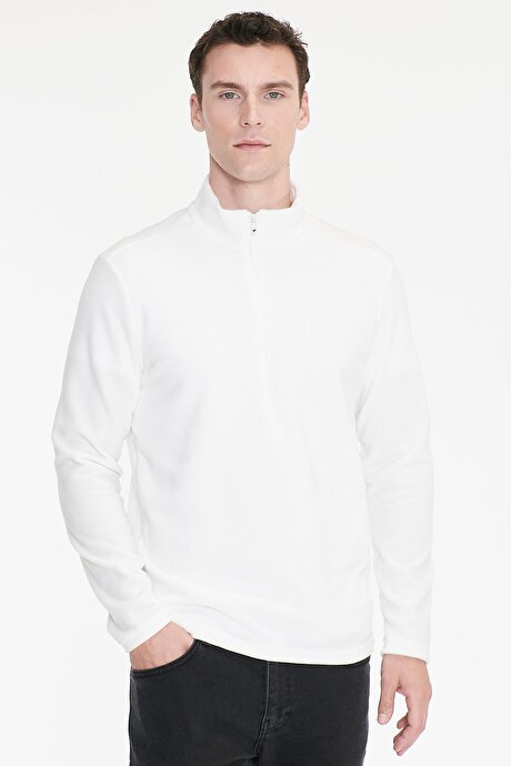 Anti-Pilling Tüylenme Yapmayan Standart Fit Bato Yaka Soğuk Geçirmez Sweatshirt Beyaz Polar resmi