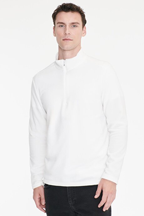 Anti-Pilling Tüylenme Yapmayan Standart Fit Bato Yaka Soğuk Geçirmez Sweatshirt Beyaz Polar resmi