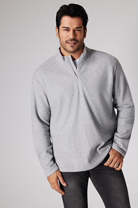 Anti-Pilling Tüylenme Yapmayan Standart Fit Bato Yaka Soğuk Geçirmez Sweatshirt Gri Melanj Polar resmi