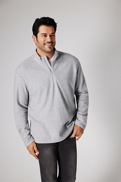 Anti-Pilling Tüylenme Yapmayan Standart Fit Bato Yaka Soğuk Geçirmez Sweatshirt Gri Melanj Polar resmi