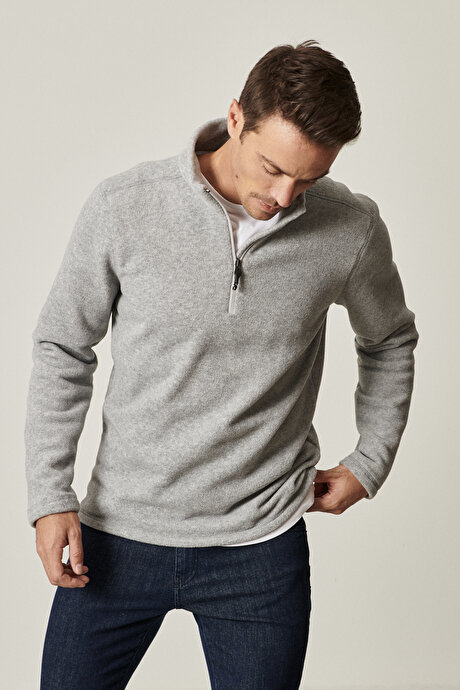 Anti-Pilling Tüylenme Yapmayan Standart Fit Bato Yaka Soğuk Geçirmez Sweatshirt Gri Melanj Polar resmi